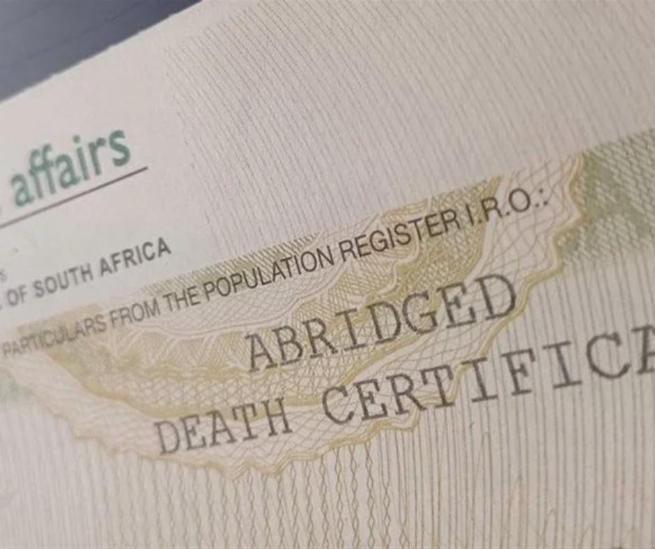 Death certificate copy request South Africa