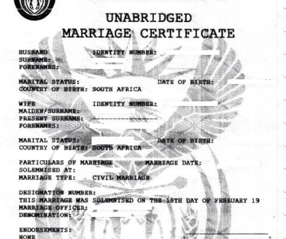 Marriage certificate copy request South Africa
